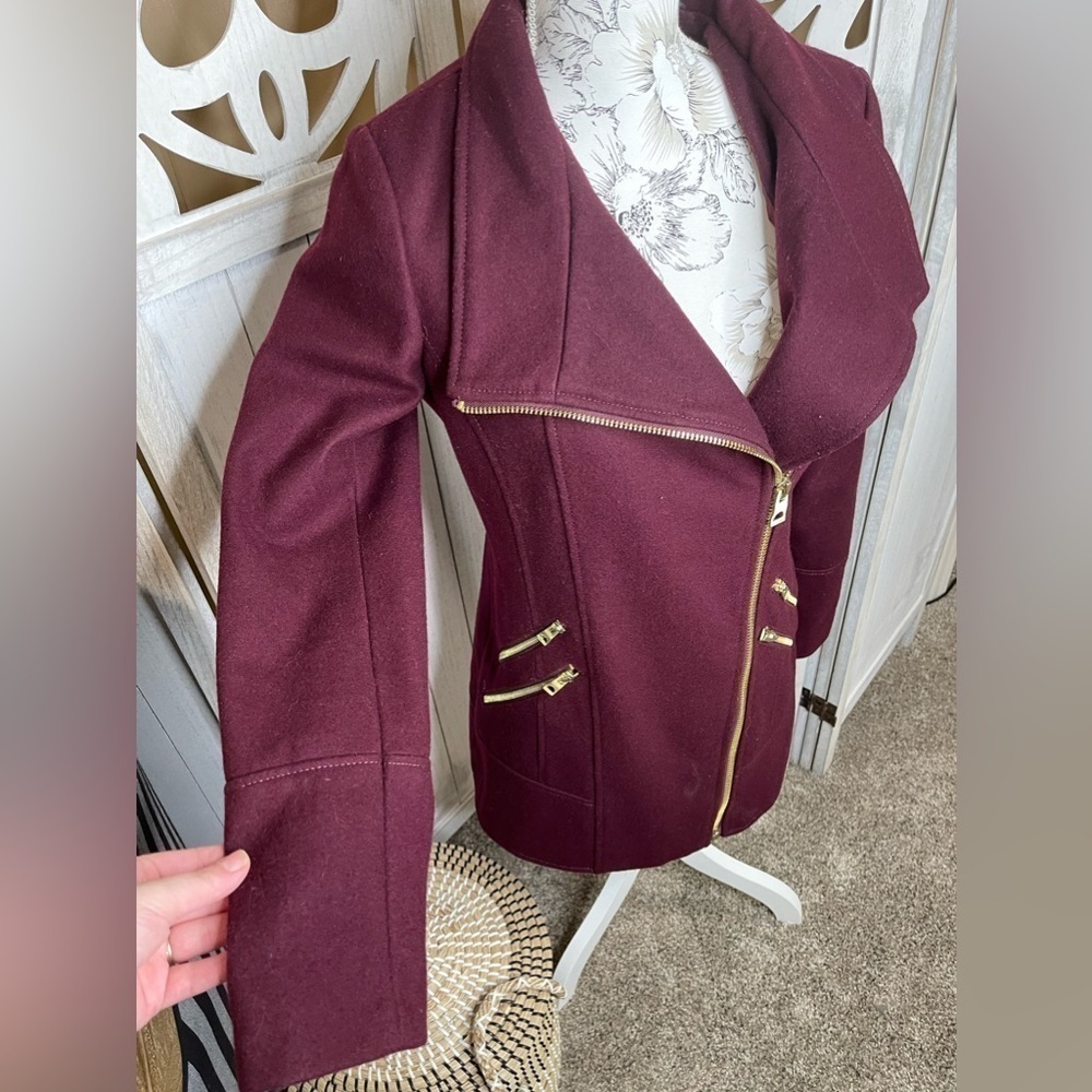 Guess Jacket Women’s Maroon Purple Wool Moto Coat Full Zip Lined Size Small